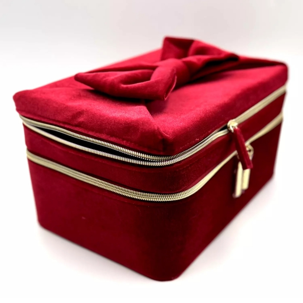 Estee Lauder Double Layer Velvet Makeup Train Case Bag with Bow Holder